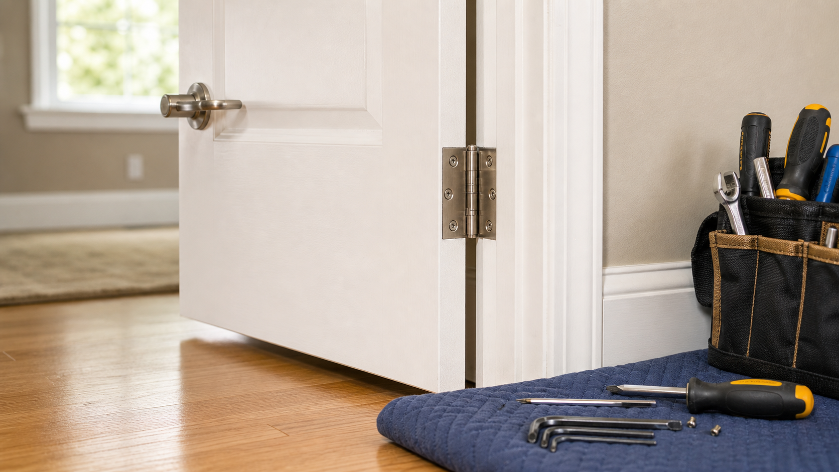 Interior door hinge repair setup with neatly placed adjustment tools