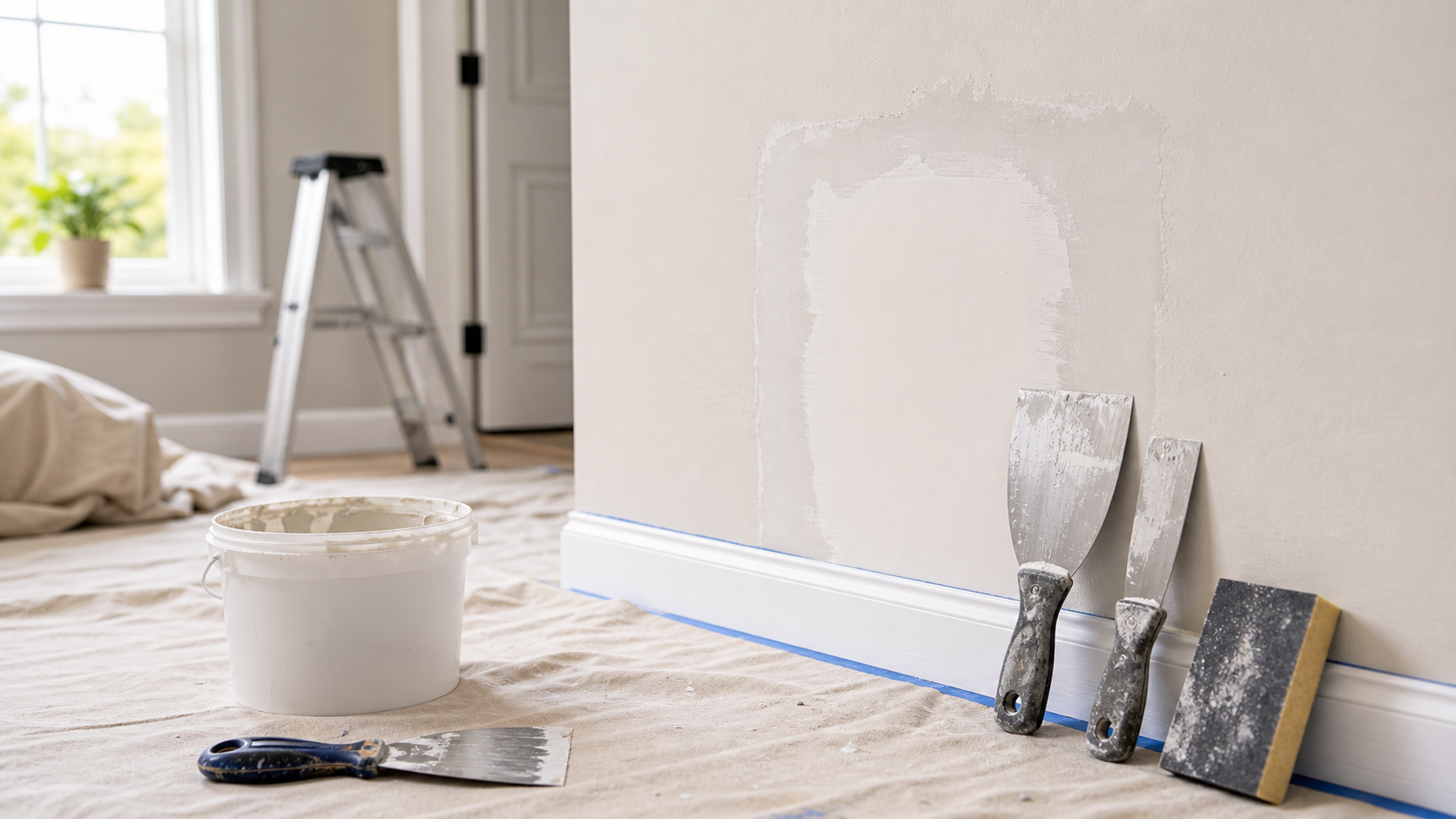 Drywall repair patch with compound, putty knives, and sanding tools in a bright room