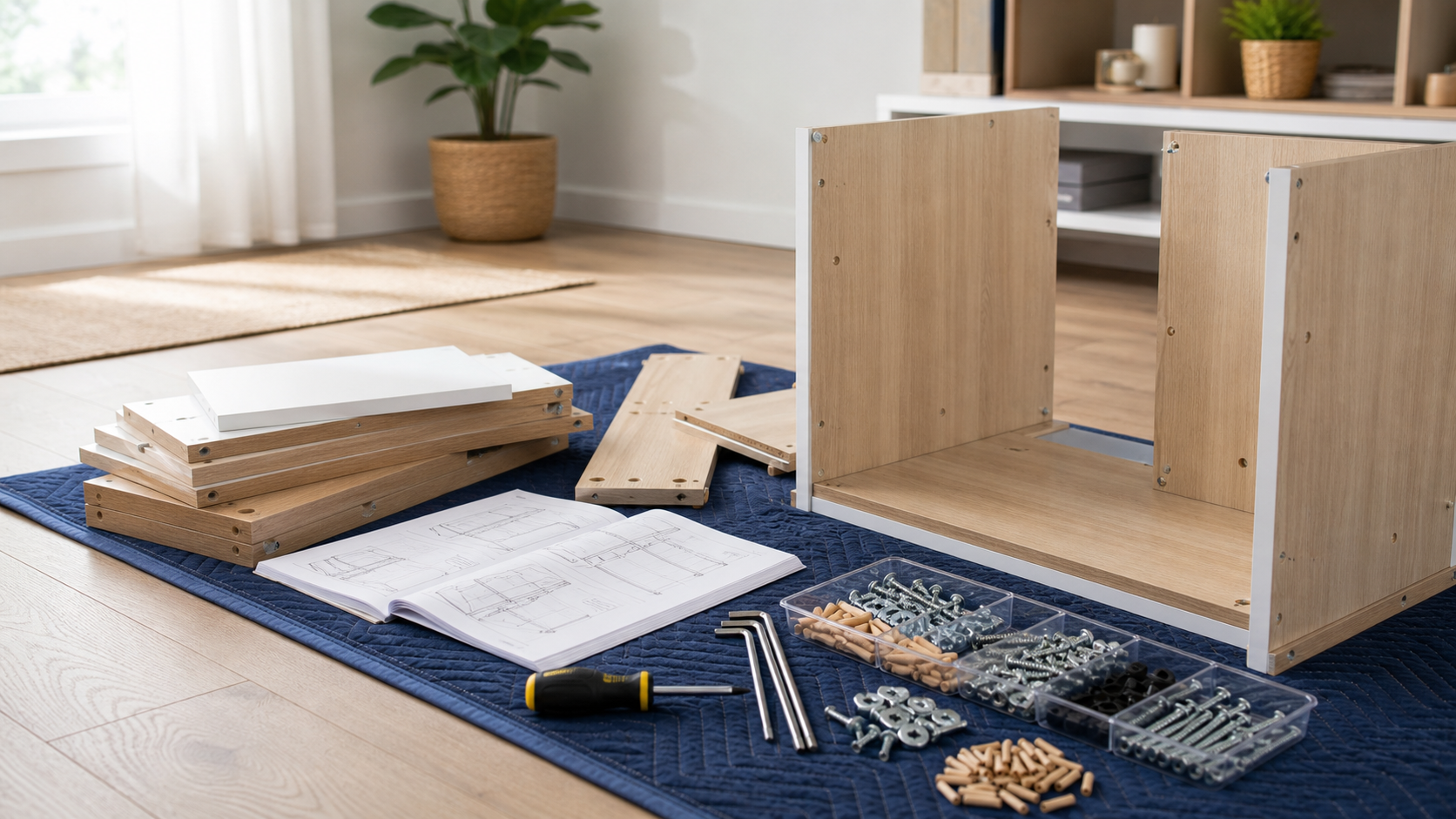 Furniture assembly in progress with organized hardware and instructions on a protective pad