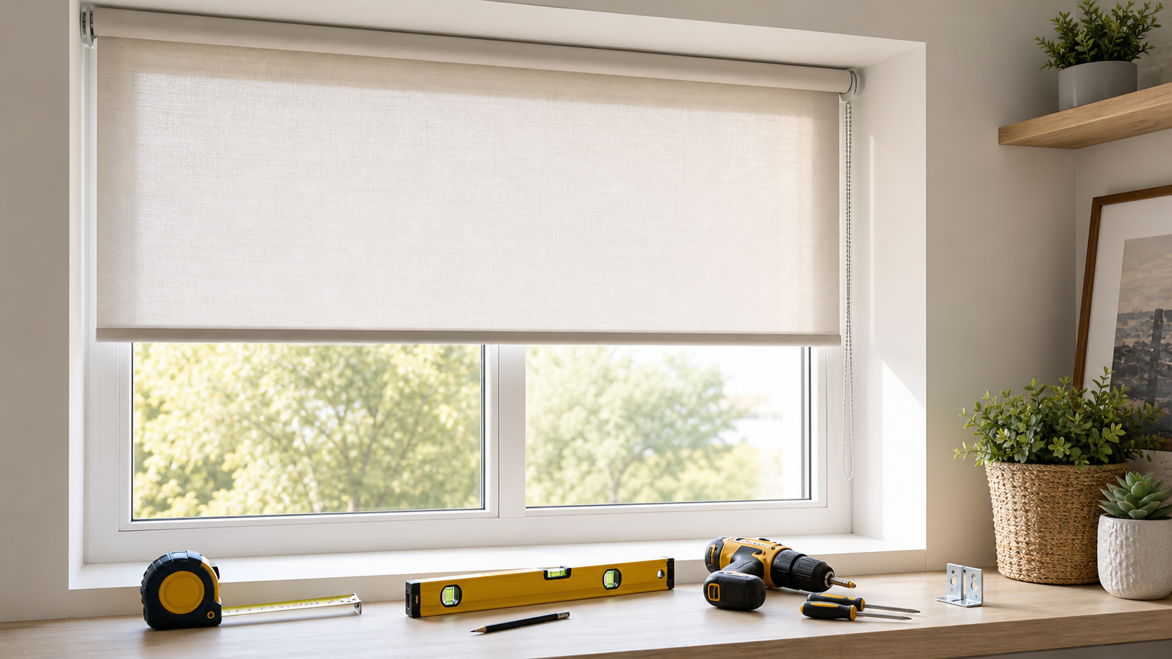 Roller shade installed at a bright window with measuring and installation tools nearby